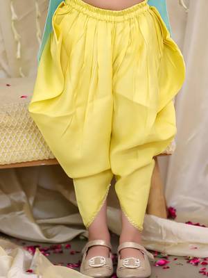 Yellow-blue embroidered silk kaanchi kurti dhoti set for girls 5