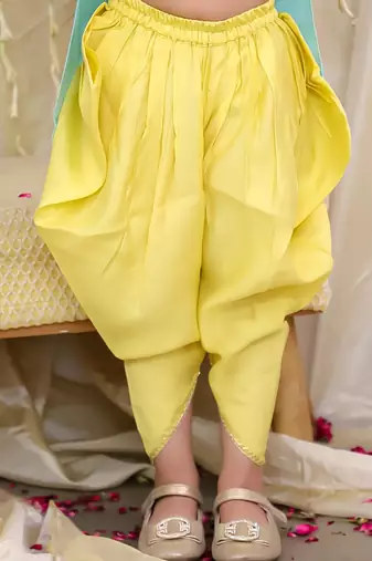 Yellow-blue embroidered silk kaanchi kurti dhoti set for girls