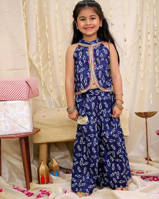 Navy printed cotton jaltarang top palazzo set for girls 1