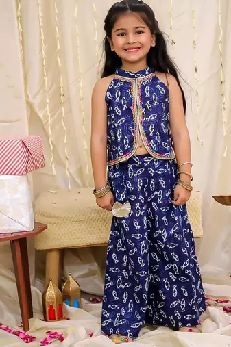 Navy printed cotton jaltarang top palazzo set for girls