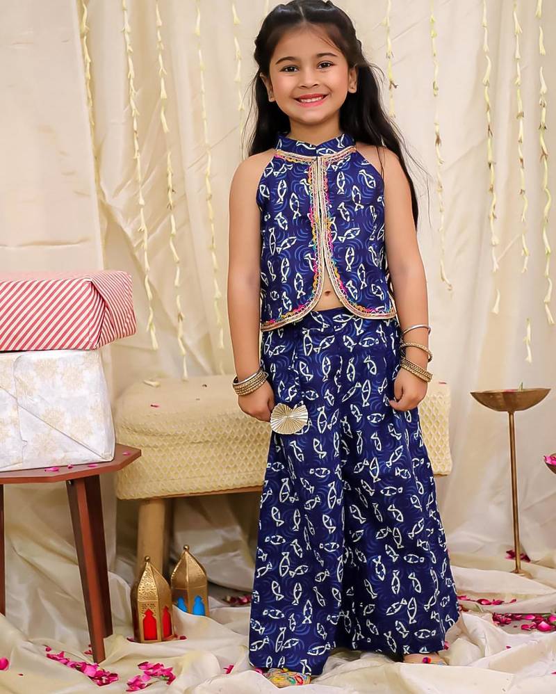 Navy printed cotton jaltarang top palazzo set for girls