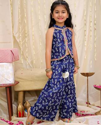 Navy printed cotton jaltarang top palazzo set for girls 3