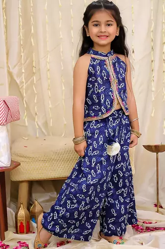 Navy printed cotton jaltarang top palazzo set for girls