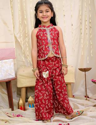 Maroon printed cotton jaltarang top palazzo set for girls 1