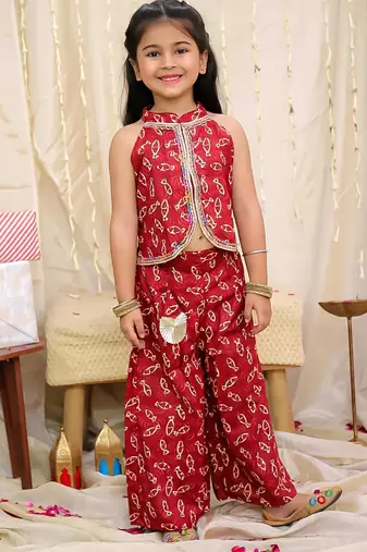 Maroon printed cotton jaltarang top palazzo set for girls