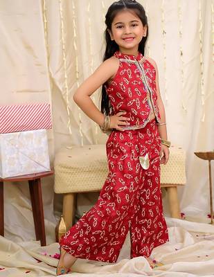 Maroon printed cotton jaltarang top palazzo set for girls 3