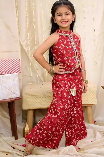 Maroon printed cotton jaltarang top palazzo set for girls