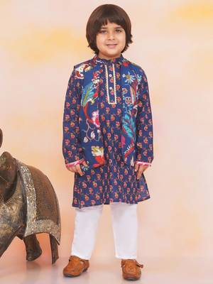 Navy printed cotton nawab long jacket kurta set for boys 1