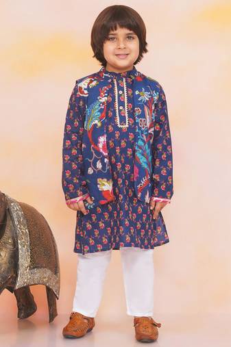 Navy printed cotton nawab long jacket kurta set for boys