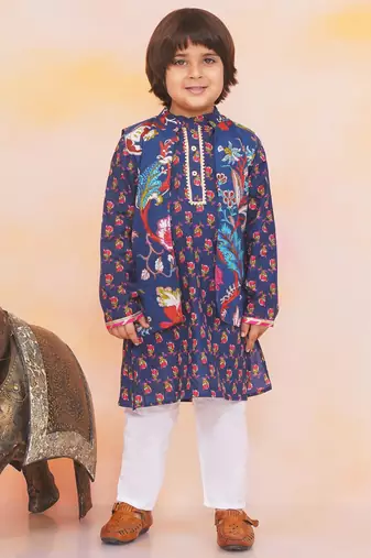 Navy printed cotton nawab long jacket kurta set for boys