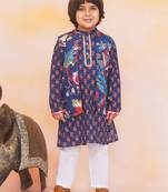 Navy printed cotton nawab long jacket kurta set for boys