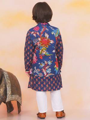 Navy printed cotton nawab long jacket kurta set for boys 2