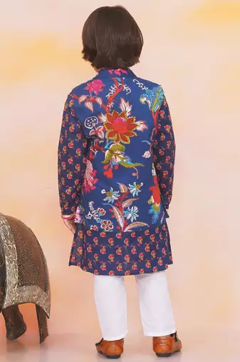 Navy printed cotton nawab long jacket kurta set for boys