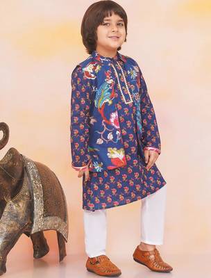 Navy printed cotton nawab long jacket kurta set for boys 3