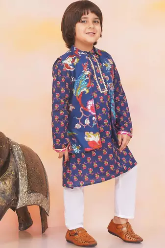 Navy printed cotton nawab long jacket kurta set for boys