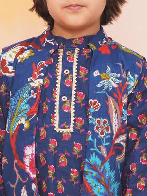 Navy printed cotton nawab long jacket kurta set for boys 4