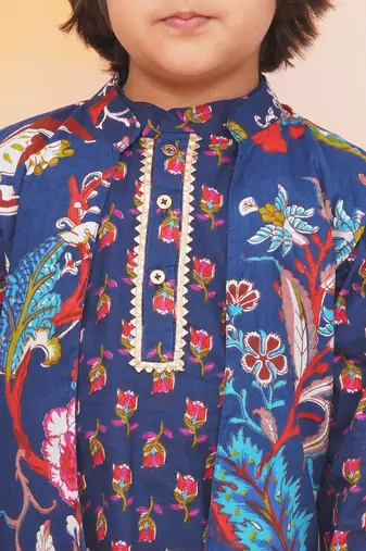 Navy printed cotton nawab long jacket kurta set for boys