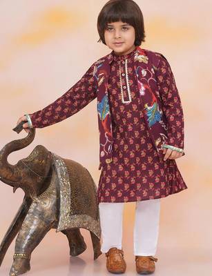 Wine printed cotton nawab long jacket kurta set for boys 1