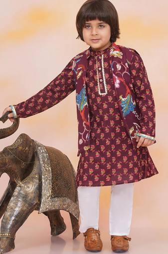 Wine printed cotton nawab long jacket kurta set for boys