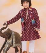 Wine printed cotton nawab long jacket kurta set for boys