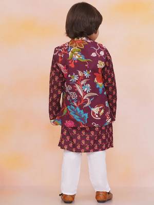 Wine printed cotton nawab long jacket kurta set for boys 2