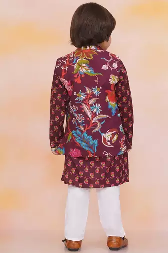 Wine printed cotton nawab long jacket kurta set for boys