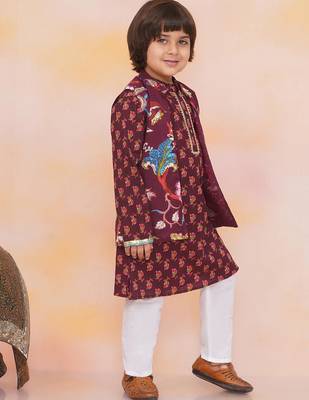 Wine printed cotton nawab long jacket kurta set for boys 3