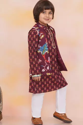 Wine printed cotton nawab long jacket kurta set for boys
