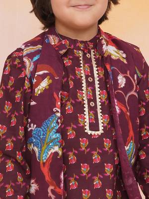 Wine printed cotton nawab long jacket kurta set for boys 4