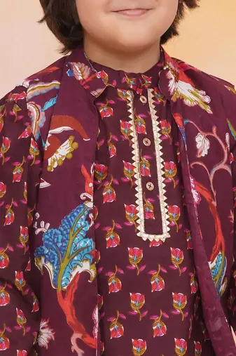 Wine printed cotton nawab long jacket kurta set for boys