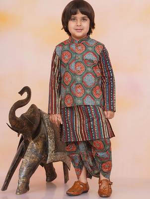 Green-multi printed cotton floral jacket with motif printed kurta and dhoti set for boys 1