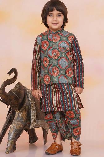 Green-multi printed cotton floral jacket with motif printed kurta and dhoti set for boys