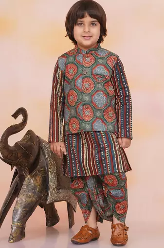 Green-multi printed cotton floral jacket with motif printed kurta and dhoti set for boys
