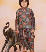 Green-multi printed cotton floral jacket with motif printed kurta and dhoti set for boys