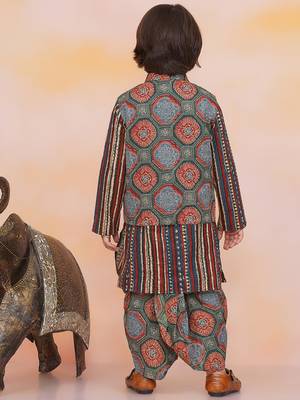 Green-multi printed cotton floral jacket with motif printed kurta and dhoti set for boys 2
