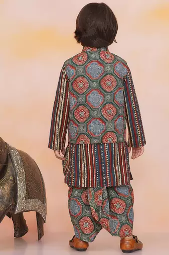 Green-multi printed cotton floral jacket with motif printed kurta and dhoti set for boys