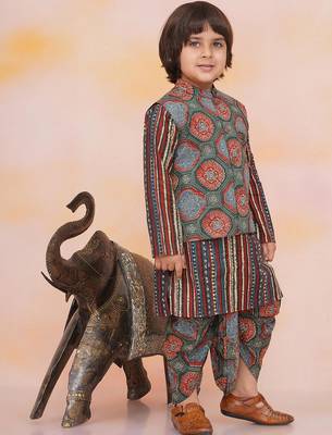Green-multi printed cotton floral jacket with motif printed kurta and dhoti set for boys 3