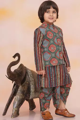 Green-multi printed cotton floral jacket with motif printed kurta and dhoti set for boys