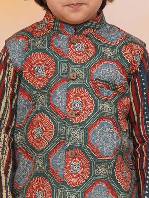 Green-multi printed cotton floral jacket with motif printed kurta and dhoti set for boys 4