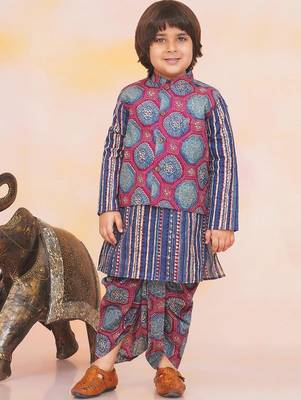 Blue-multi printed cotton floral jacket with motif printed kurta and dhoti set for boys 1