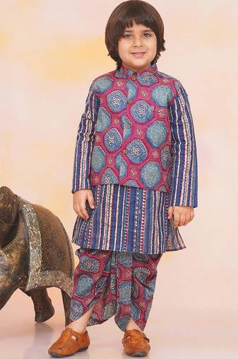Blue-multi printed cotton floral jacket with motif printed kurta and dhoti set for boys