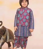 Blue-multi printed cotton floral jacket with motif printed kurta and dhoti set for boys
