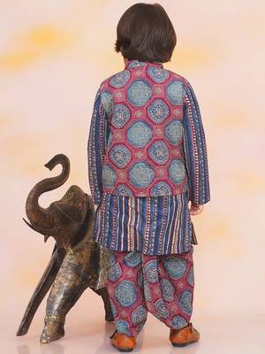 Blue-multi printed cotton floral jacket with motif printed kurta and dhoti set for boys 2