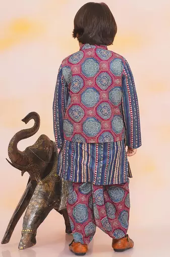 Blue-multi printed cotton floral jacket with motif printed kurta and dhoti set for boys