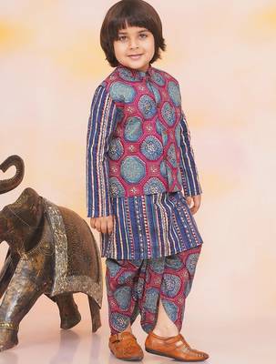 Blue-multi printed cotton floral jacket with motif printed kurta and dhoti set for boys 3