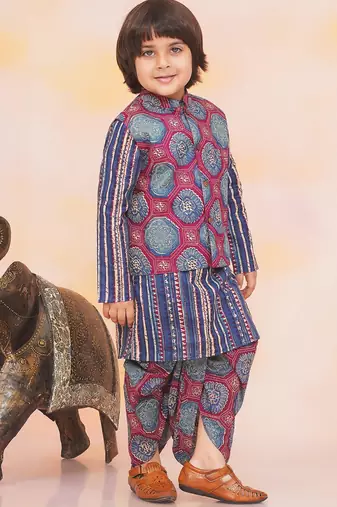 Blue-multi printed cotton floral jacket with motif printed kurta and dhoti set for boys