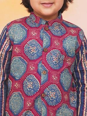 Blue-multi printed cotton floral jacket with motif printed kurta and dhoti set for boys 4