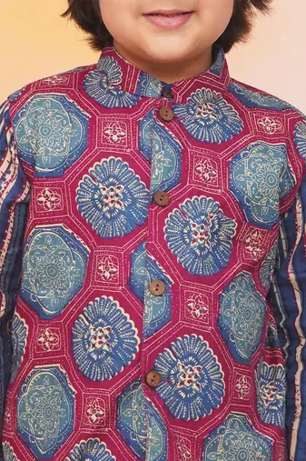 Blue-multi printed cotton floral jacket with motif printed kurta and dhoti set for boys