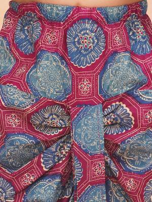 Blue-multi printed cotton floral jacket with motif printed kurta and dhoti set for boys 5