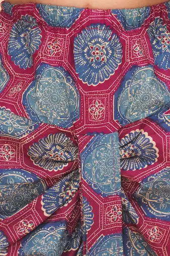 Blue-multi printed cotton floral jacket with motif printed kurta and dhoti set for boys